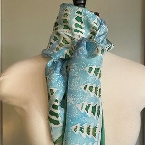 Handmade Silk Scarf, Pine Trees and Snowflakes Original Design Holiday Christmas